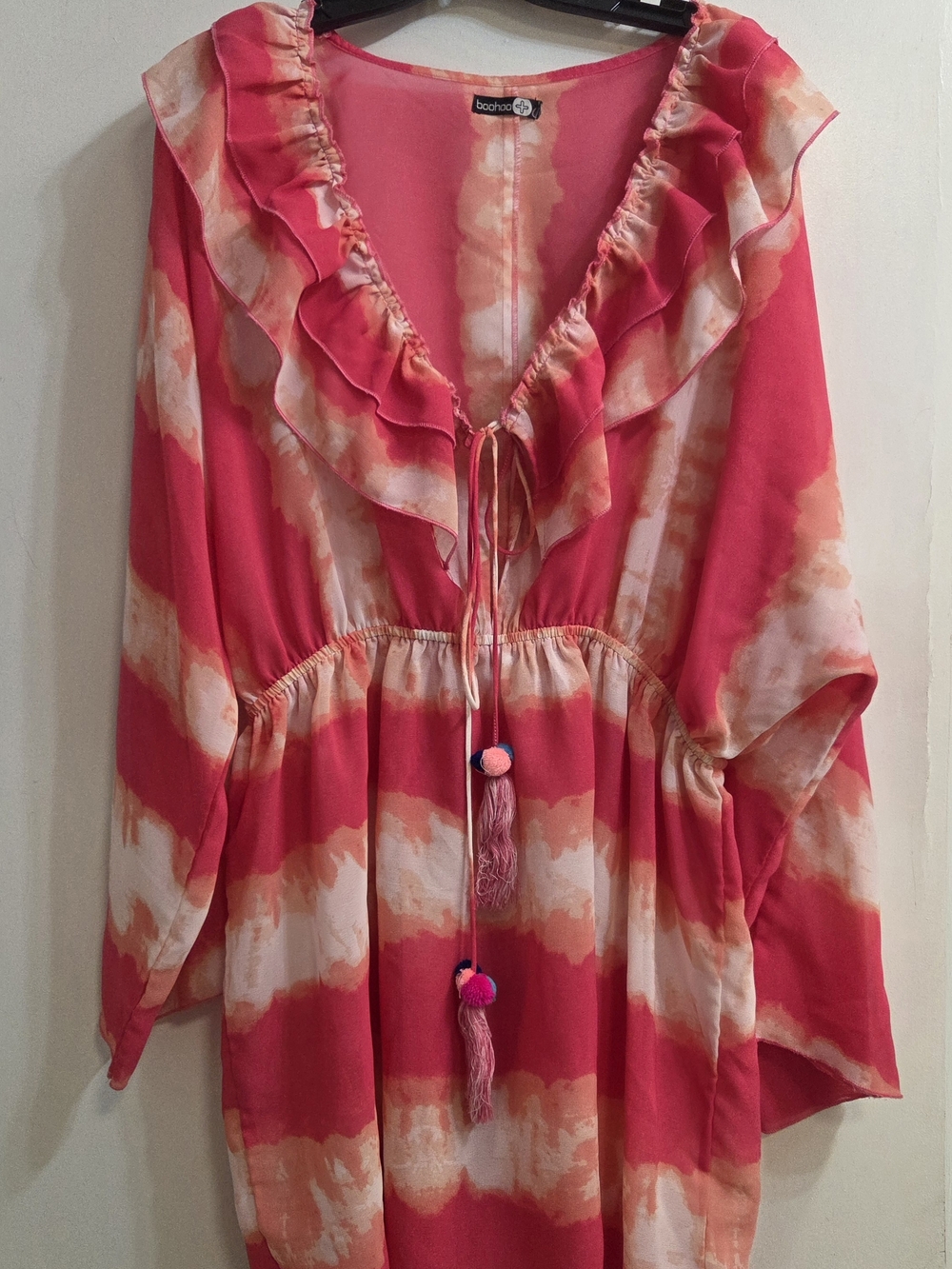 Boho Ruffle Tie-Front Dress/CoverUp - Coral Pink & Cream